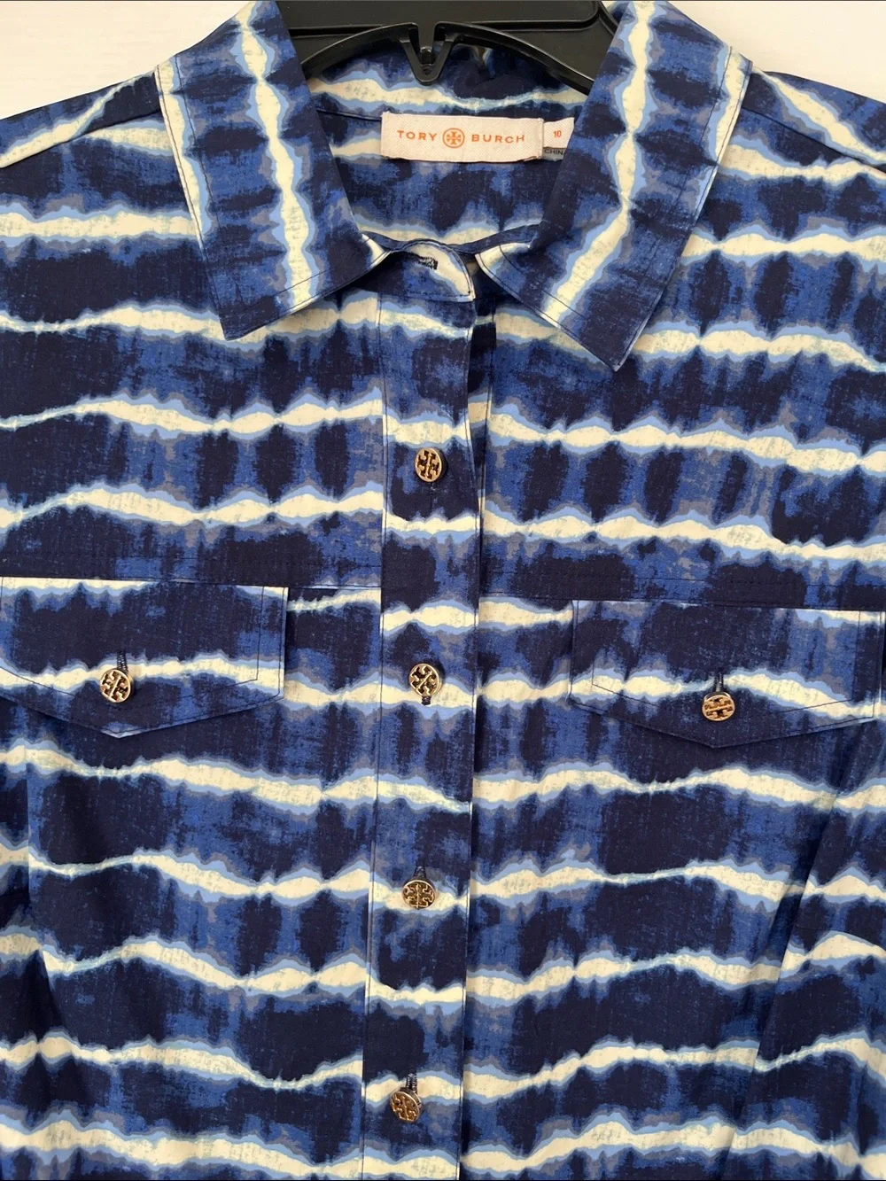Tory Burch Navy and White Tie-Dye Shirt Dress with Belt, 10